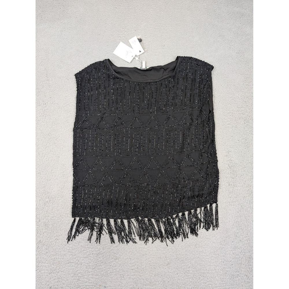 Joie Cecile Top Womens Medium Black Beaded Fringe Sleeveless Dressy Shirt